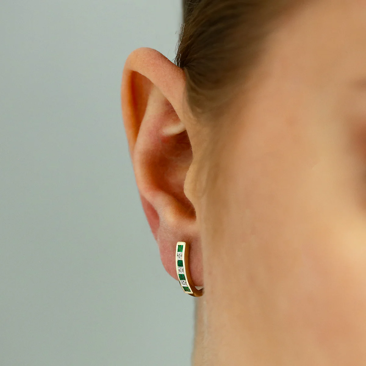 Birthstone Collection 0.36ct Emerald and Diamond Half Hoop Earrings | 9K Solid Yellow Gold - Image 6