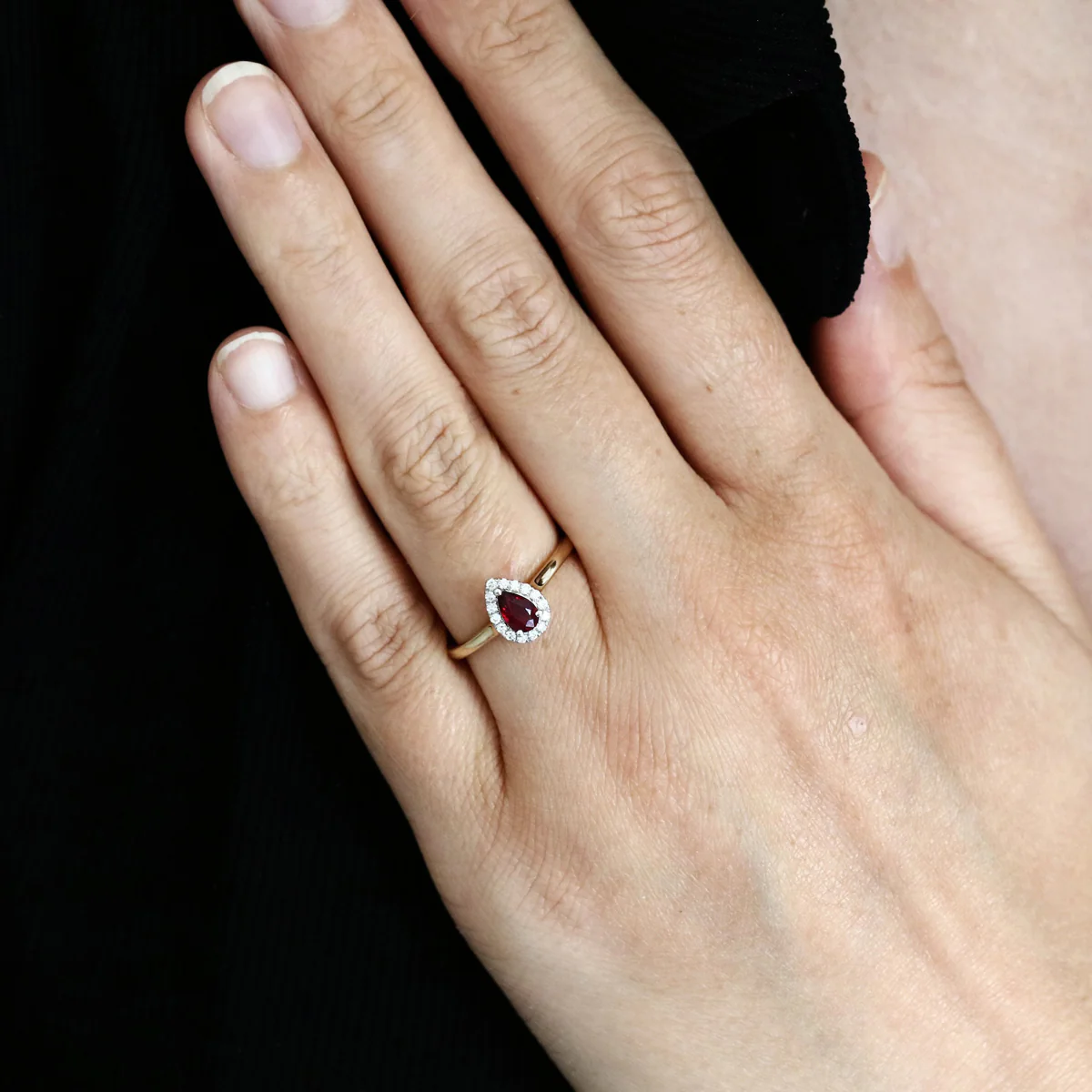 Bijou Collection 0.36ct Pear Cut Ruby and Diamond Halo Ring | 9K Yellow Gold - Image 6