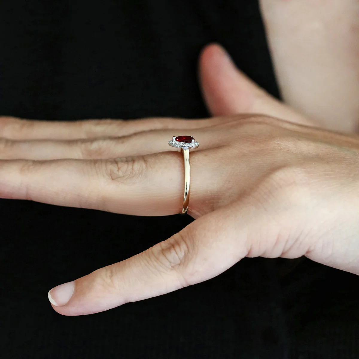 Bijou Collection 0.36ct Pear Cut Ruby and Diamond Halo Ring | 9K Yellow Gold - Image 7