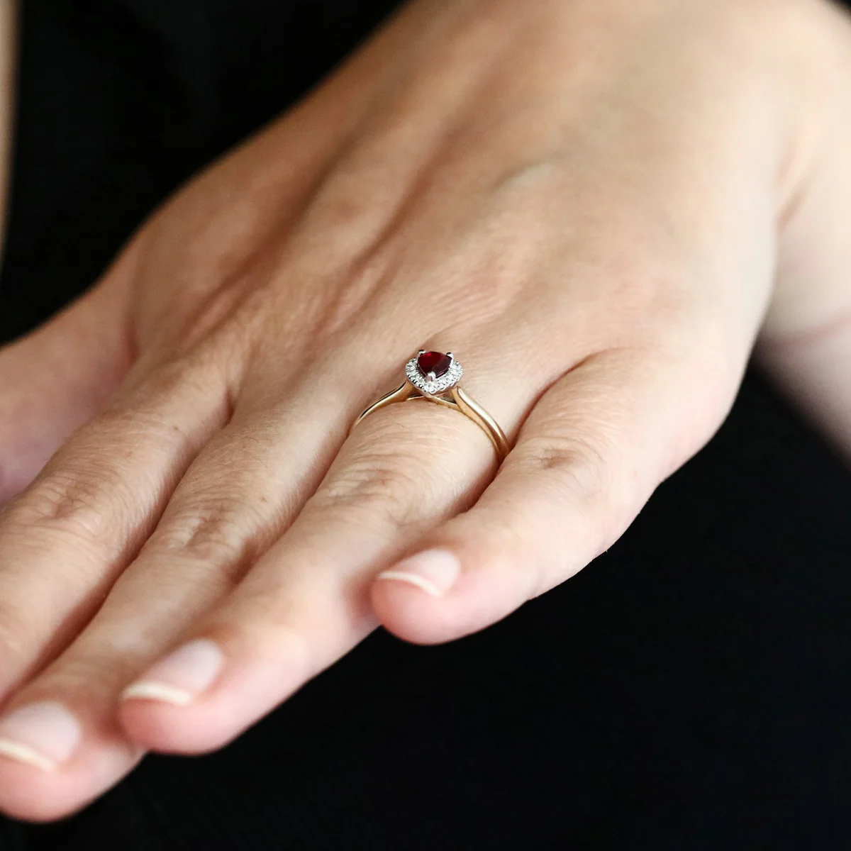 Bijou Collection 0.36ct Pear Cut Ruby and Diamond Halo Ring | 9K Yellow Gold - Image 8