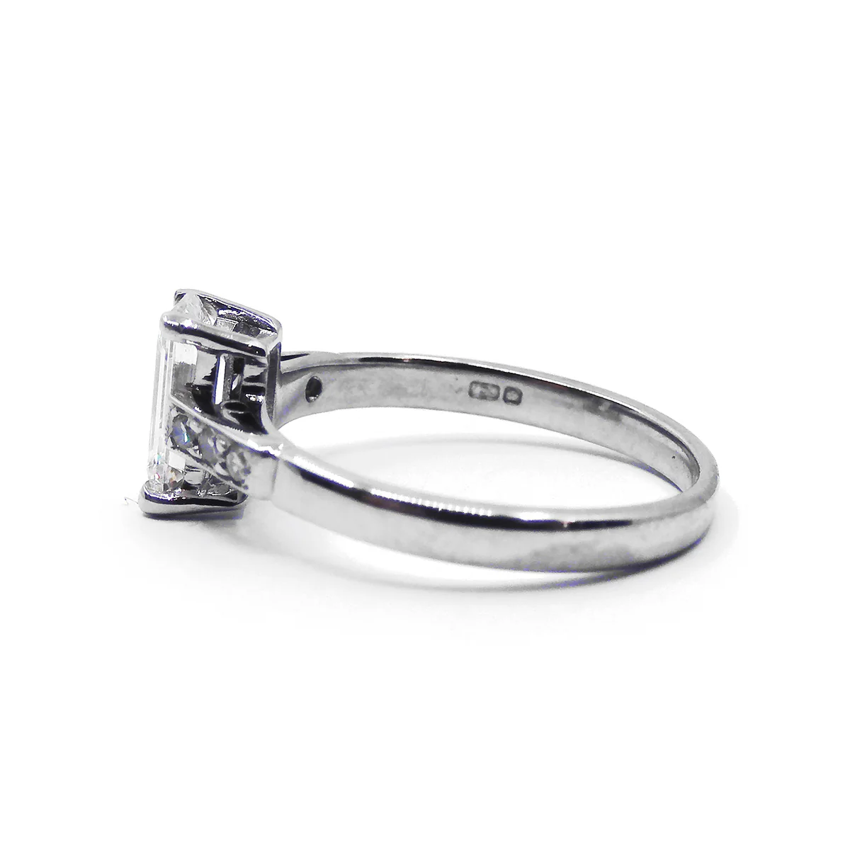 0.57ct Emerald Cut Shoulder Set Diamond Engagement Ring | Pre-Loved | 18K White Gold - Image 2