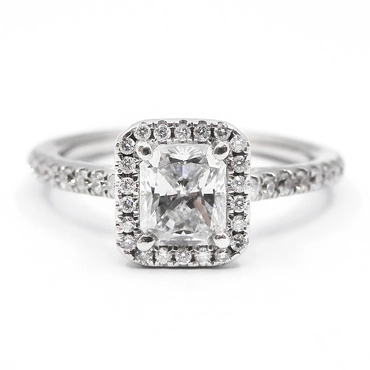 0.71ct Radiant Cut D Colour Diamond Halo Engagement Ring | Pre-Loved | Platinum - Image 2