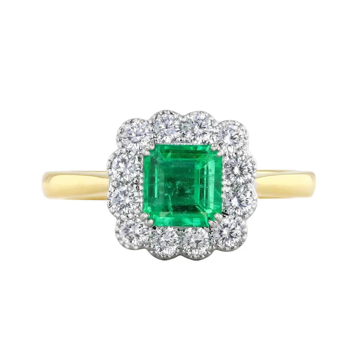 0.80ct Square Cut Emerald and 0.47ct Diamond Halo Dress Ring (Contemporary Mount) | Pre-Loved | 18K Yellow Gold - Image 2