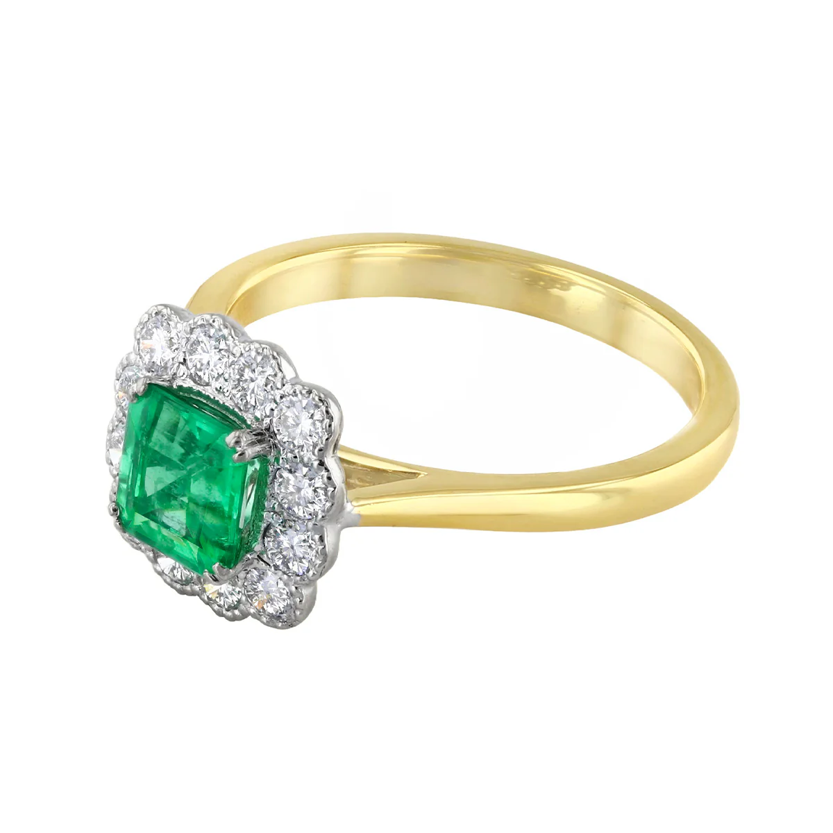 0.80ct Square Cut Emerald and 0.47ct Diamond Halo Dress Ring (Contemporary Mount) | Pre-Loved | 18K Yellow Gold - Image 3