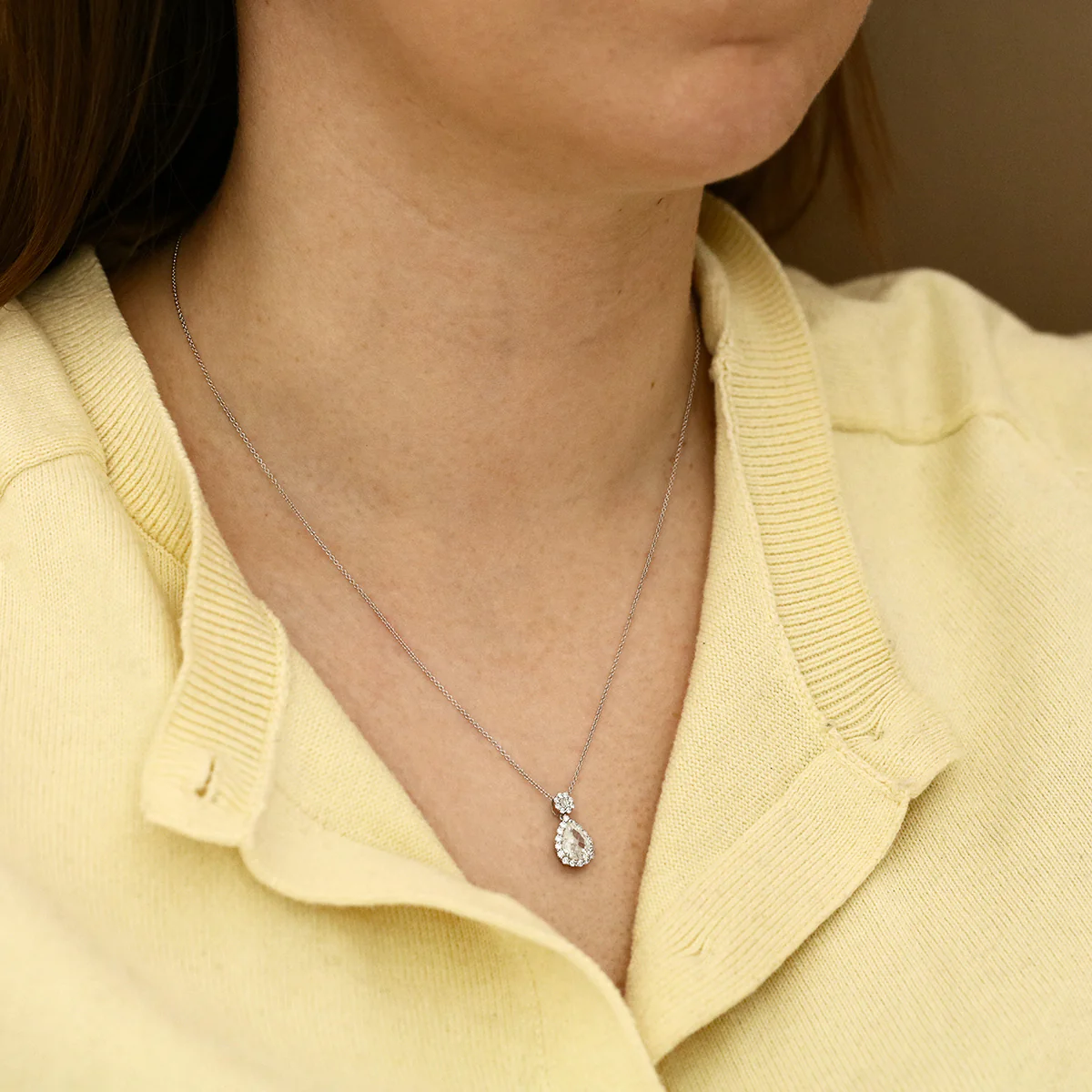 1.02ct Old Cut Pear Diamond and 0.32ct Mixed Cut Cluster Necklace (New Mount) | Pre-Loved | 18K White Gold - Image 5