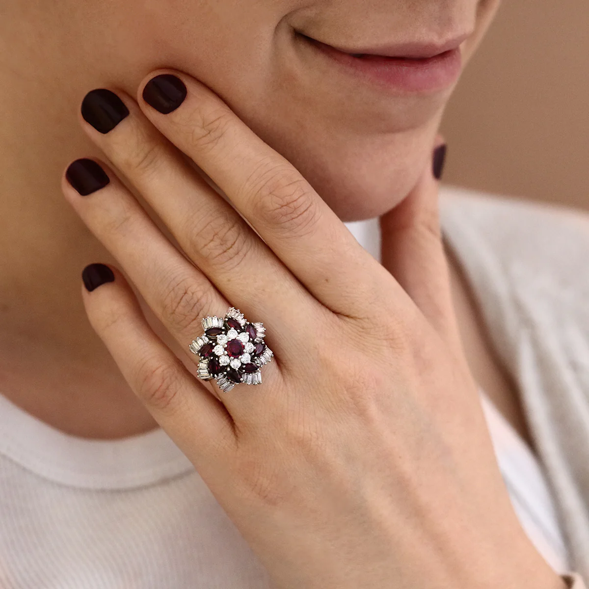 1.53ct Ruby and Mixed Cut Diamond Floral Cluster Ring | Pre-Loved | Platinum - Image 4