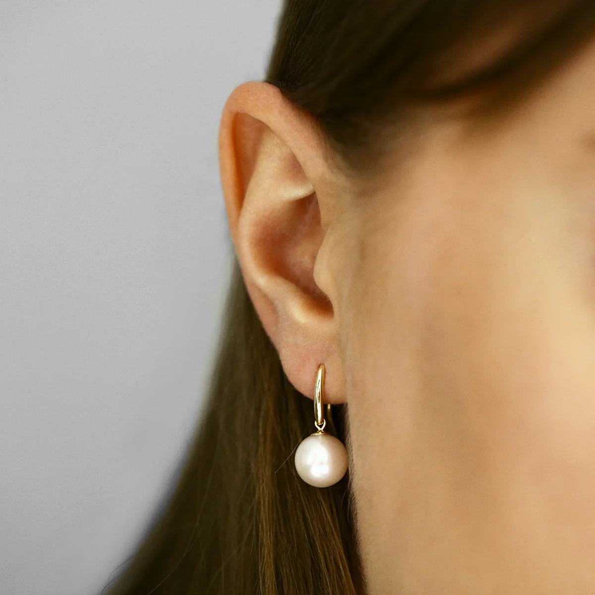 Pearlessence Collection 10-10.5mm White Cultured River Pearl Drop Earrings With Shepherds Crook Fittings | 9K Yellow Gold - Image 5