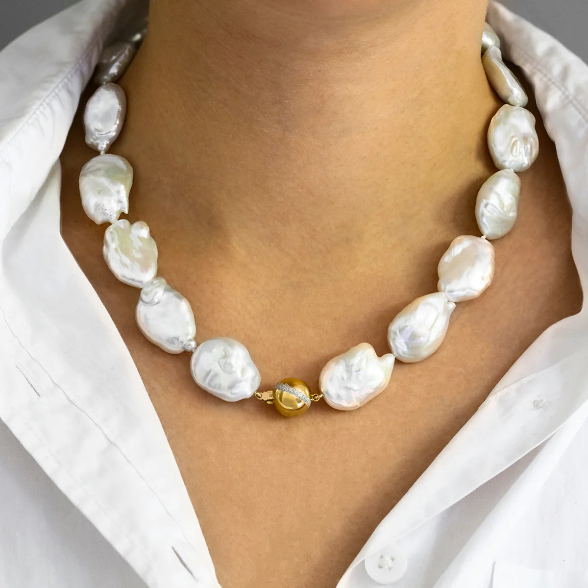 Pearlessence Collection 18" White Baroque Coin Pearl Necklace with Diamond Ball Clasp | 9K Yellow Gold - Image 4