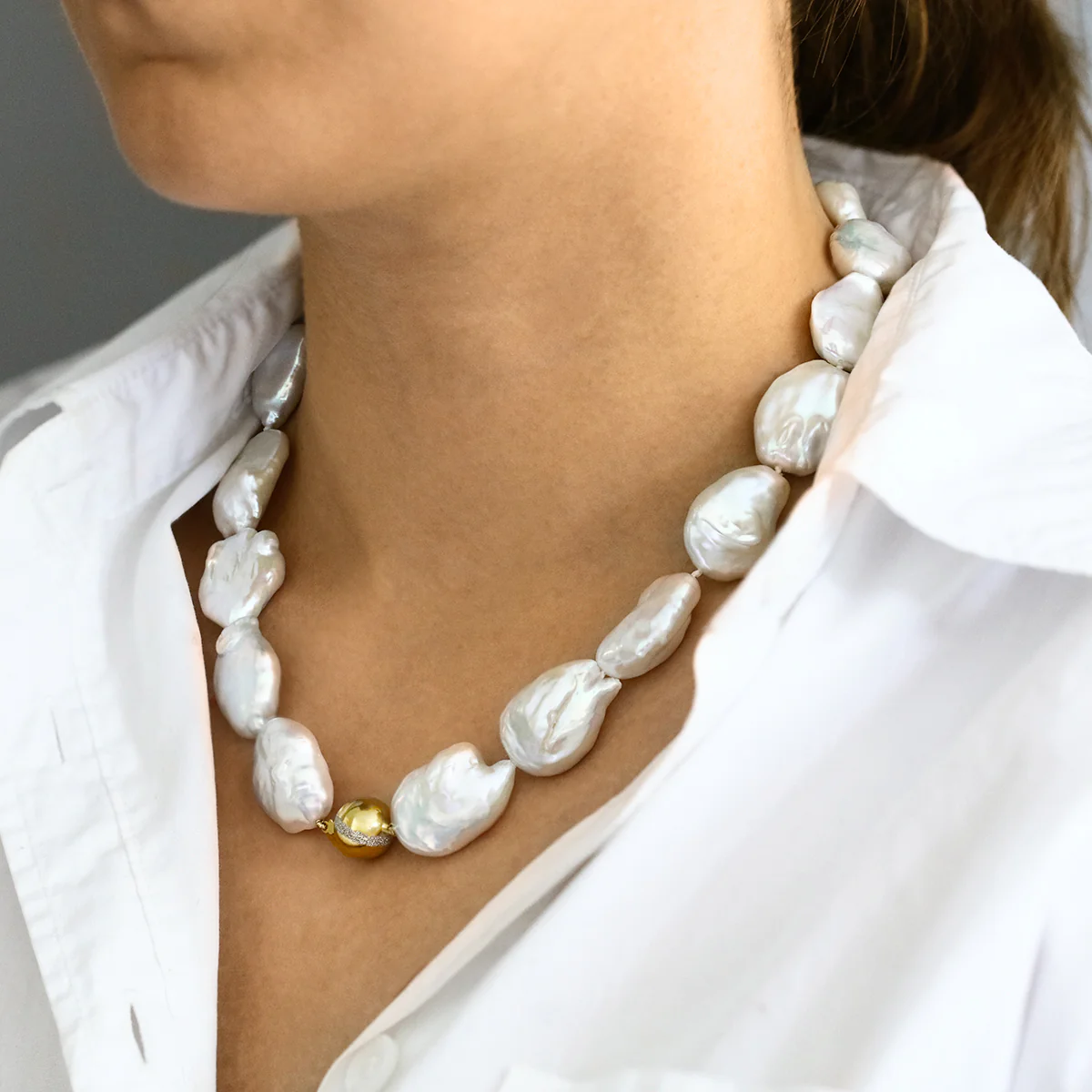 Pearlessence Collection 18" White Baroque Coin Pearl Necklace with Diamond Ball Clasp | 9K Yellow Gold - Image 5