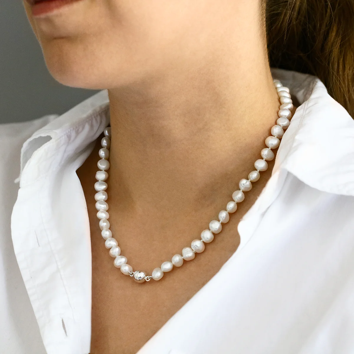 Pearlessence Collection 6.5-7mm White Baroque Freshwater Pearl 18" Necklace | Sterling Silver Magnetic Clasp - Image 4