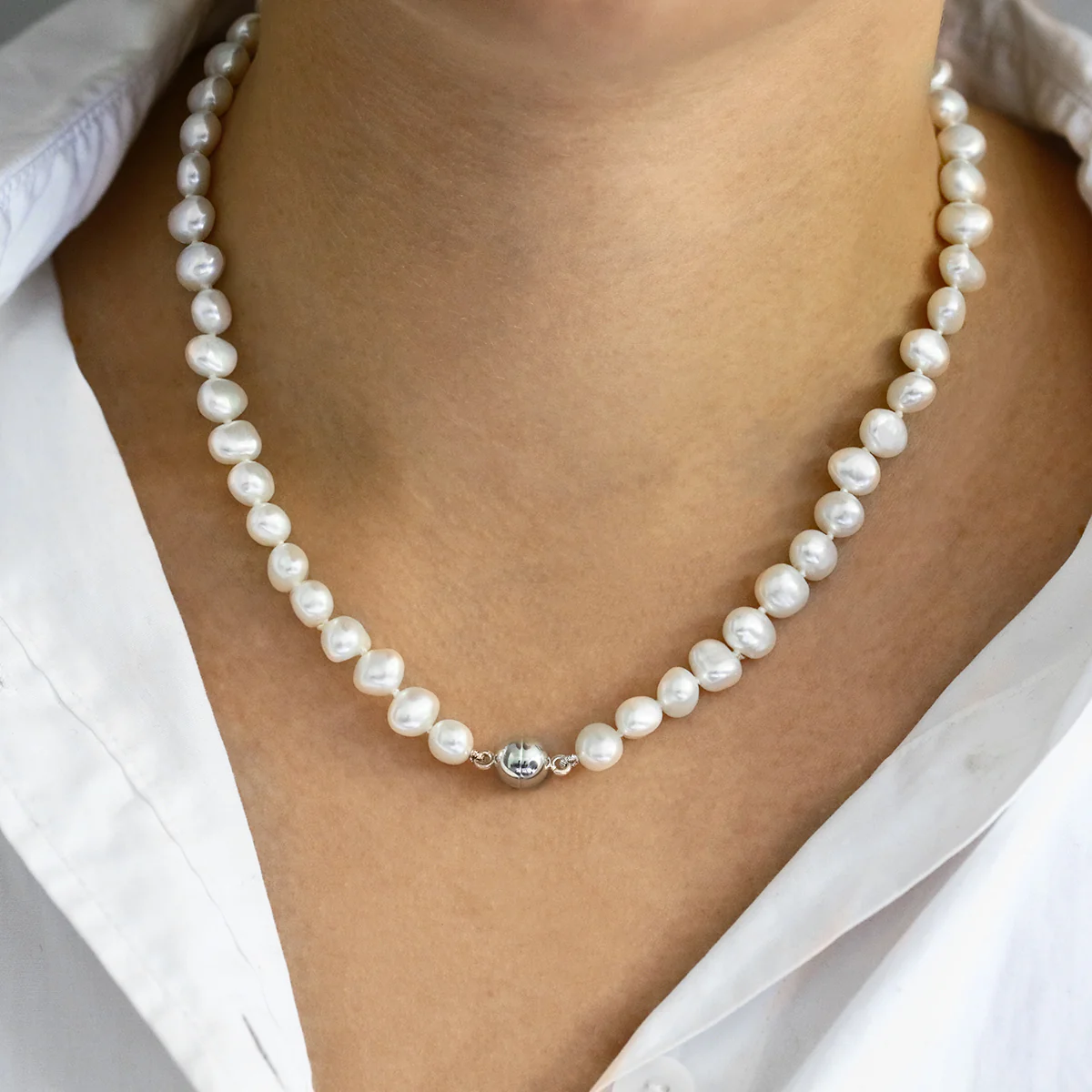Pearlessence Collection 6.5-7mm White Baroque Freshwater Pearl 18" Necklace | Sterling Silver Magnetic Clasp - Image 5