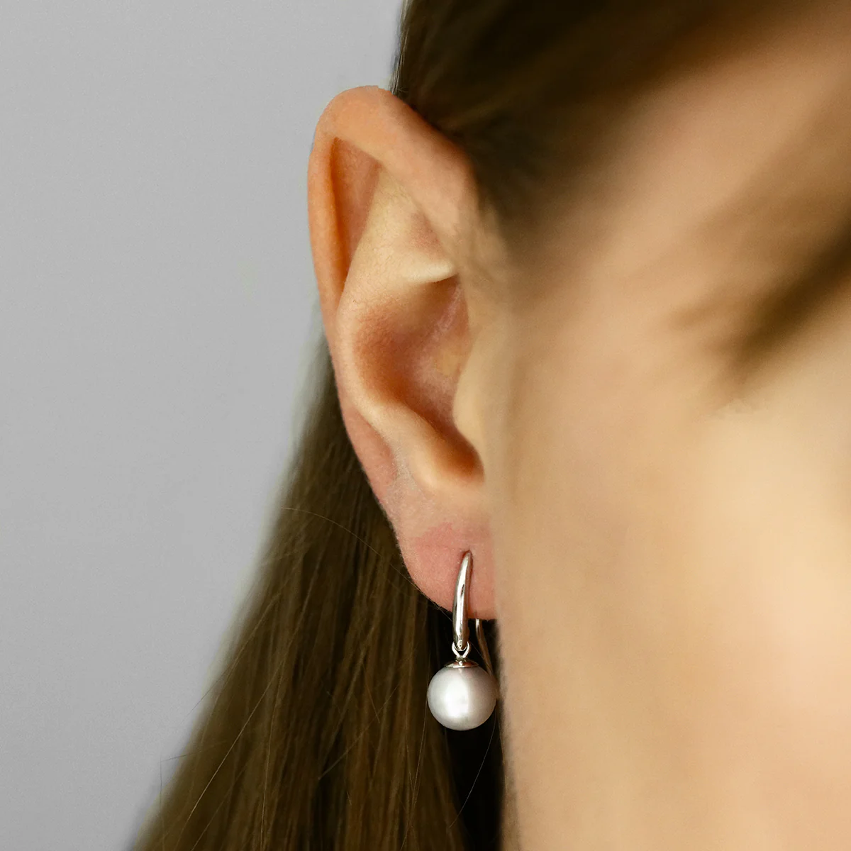 Pearlessence Collection 8-8.5mm Round Grey Cultured River Pearls With Shepherds Crook Hook |  9K White Gold - Image 5