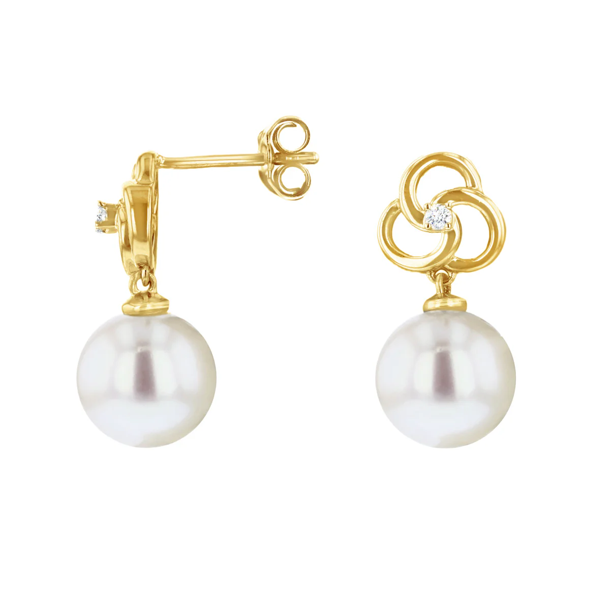 9mm Pearl and Diamond Swirl Earrings | 9K Yellow Gold - Image 2