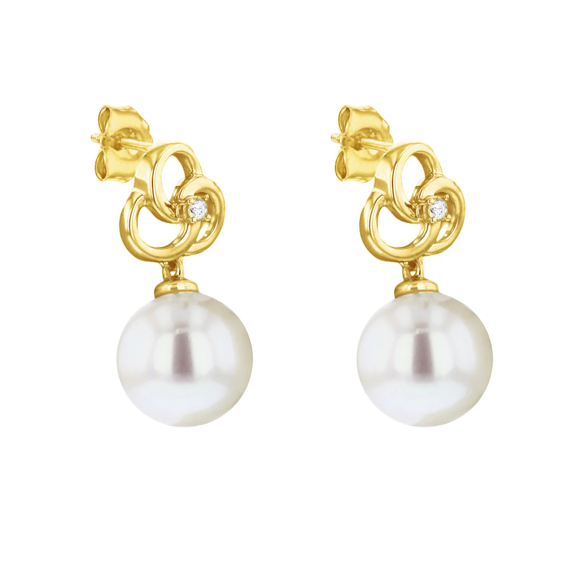 9mm Pearl and Diamond Swirl Earrings | 9K Yellow Gold - Image 3