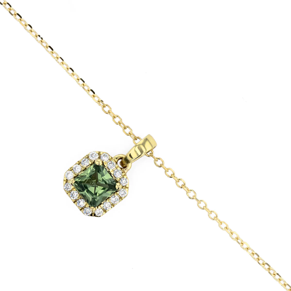 Bijou Collection 0.38ct Cushion Cut Green Sapphire and 0.08ct Diamond Halo Necklace | 18K Yellow Gold - Image 3