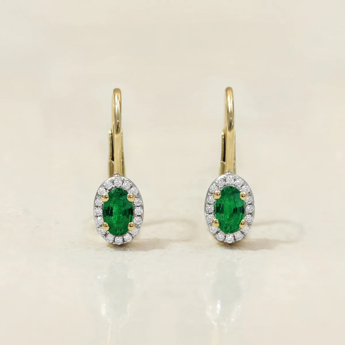 Bijou Collection 0.41ct Emerald & Diamond Oval Halo Drop Earrings | 9K Yellow Gold - Image 5
