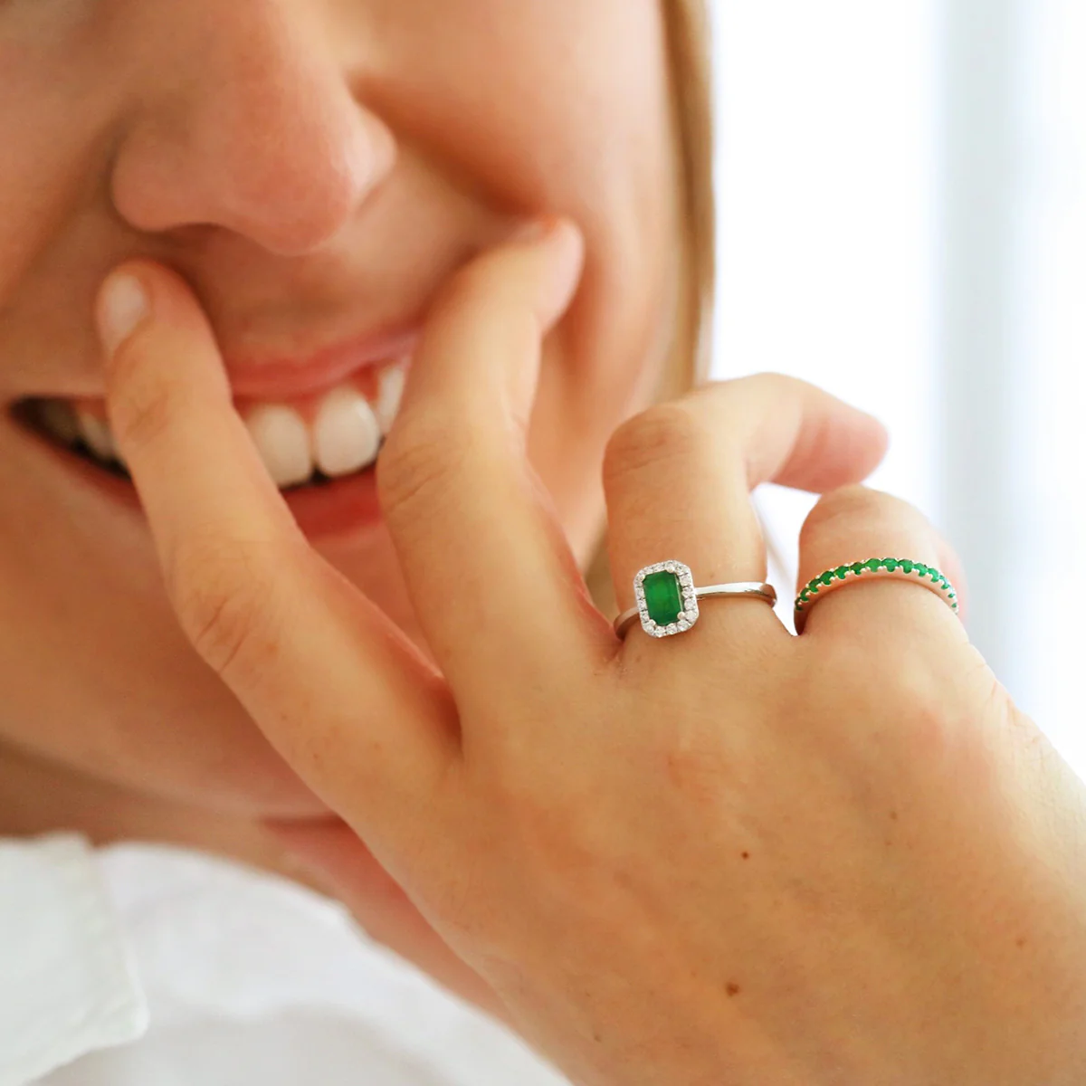 Bijou Collection 0.58ct Rectangular Emerald & Diamond Halo Ring | 9K White Gold - Image 7