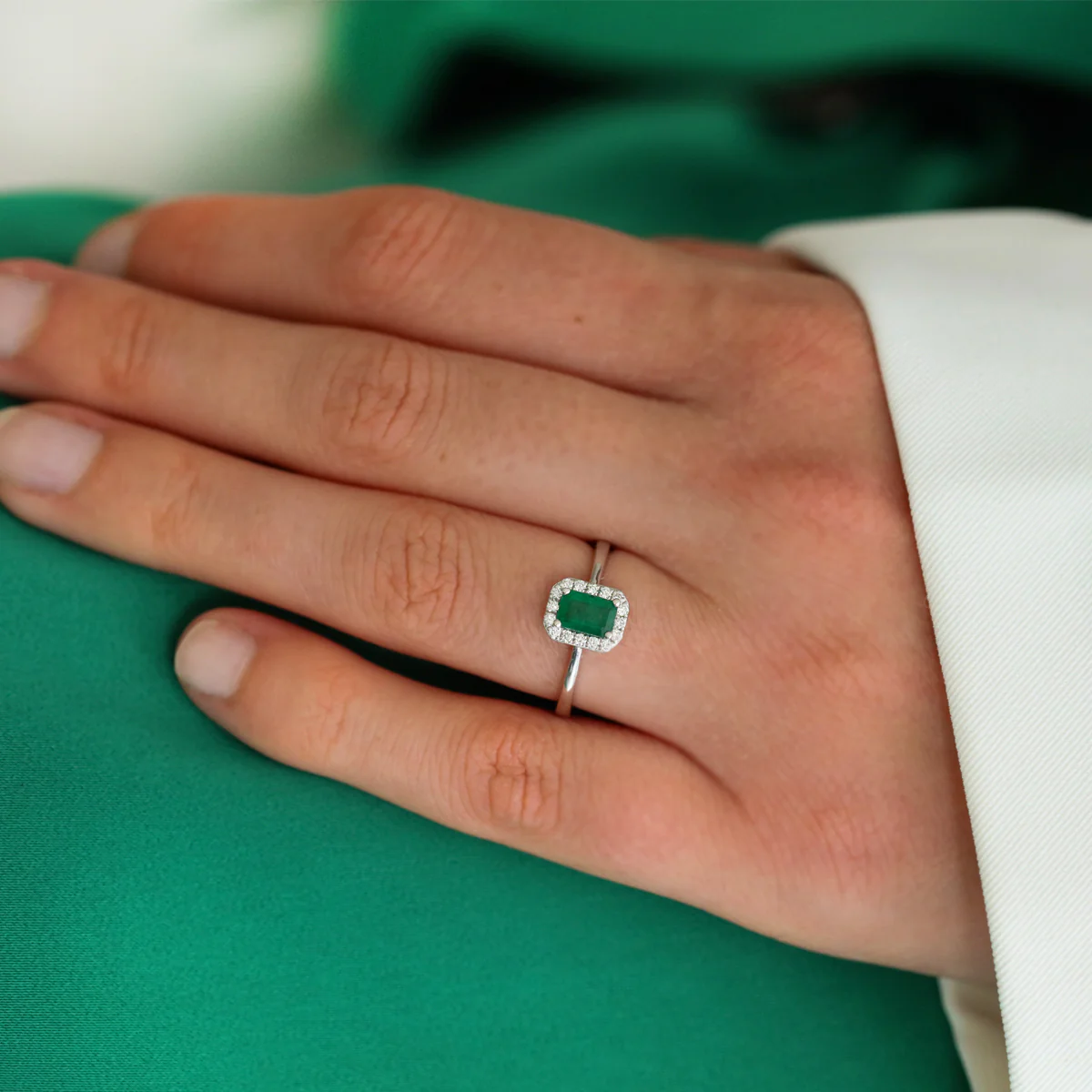 Bijou Collection 0.58ct Rectangular Emerald & Diamond Halo Ring | 9K White Gold - Image 8
