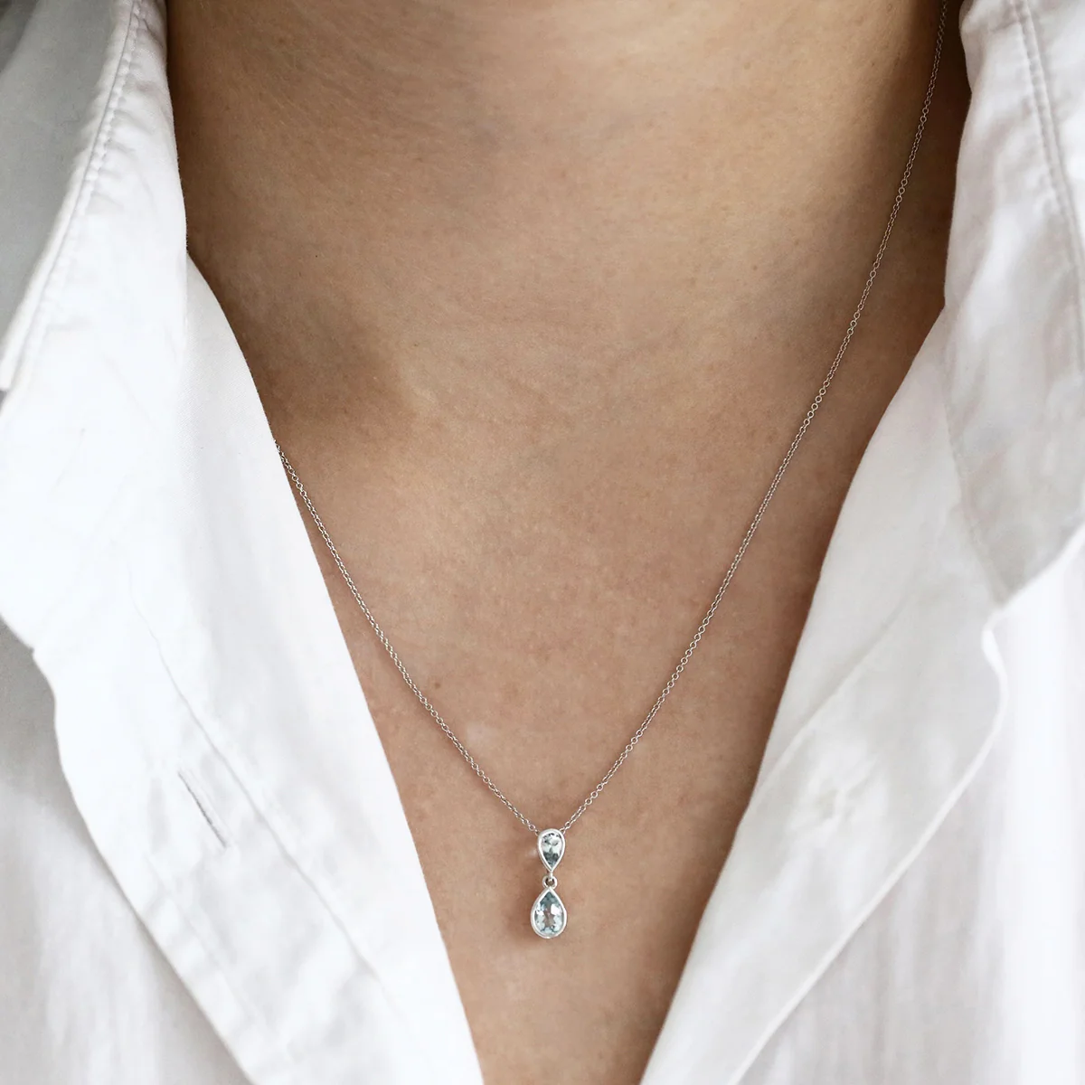 Birthstone Collection 18" 0.50ct Aquamarine Double Pear Drop Necklace  | 9K White Gold - Image 4