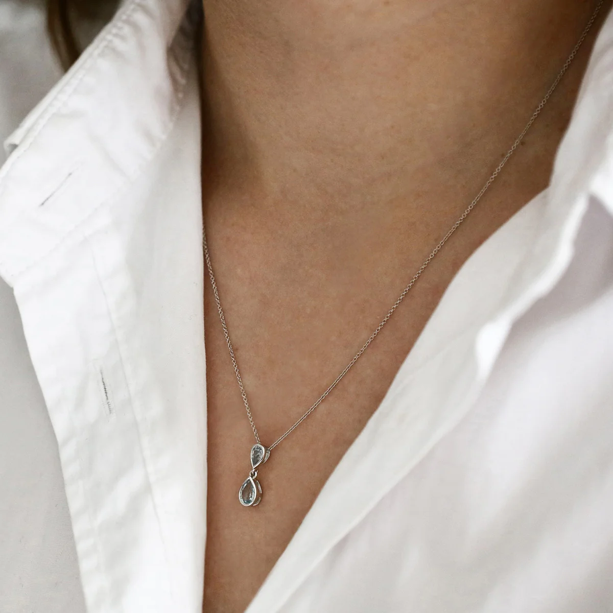 Birthstone Collection 18" 0.50ct Aquamarine Double Pear Drop Necklace  | 9K White Gold - Image 5