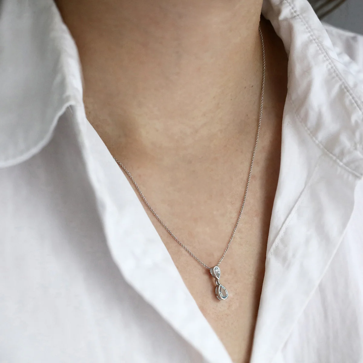 Birthstone Collection 18" 0.50ct Aquamarine Double Pear Drop Necklace  | 9K White Gold - Image 6