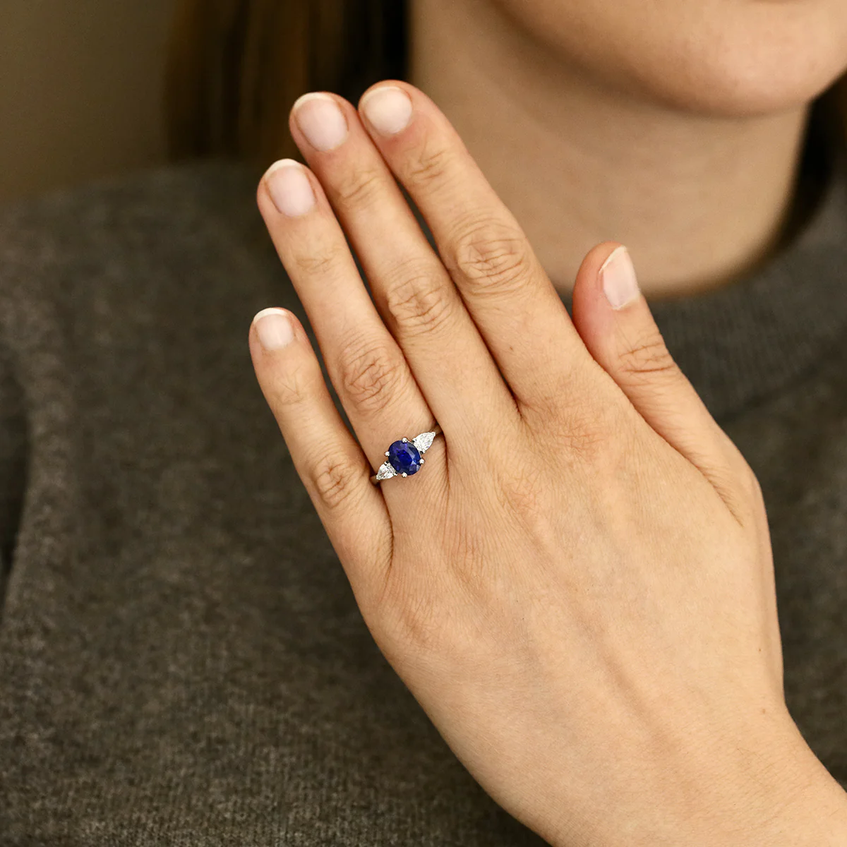 Heirloom Collection 2.11ct Oval Sapphire and 0.50ct Pear Cut Diamond Three Stone Ring | Platinum - Image 6