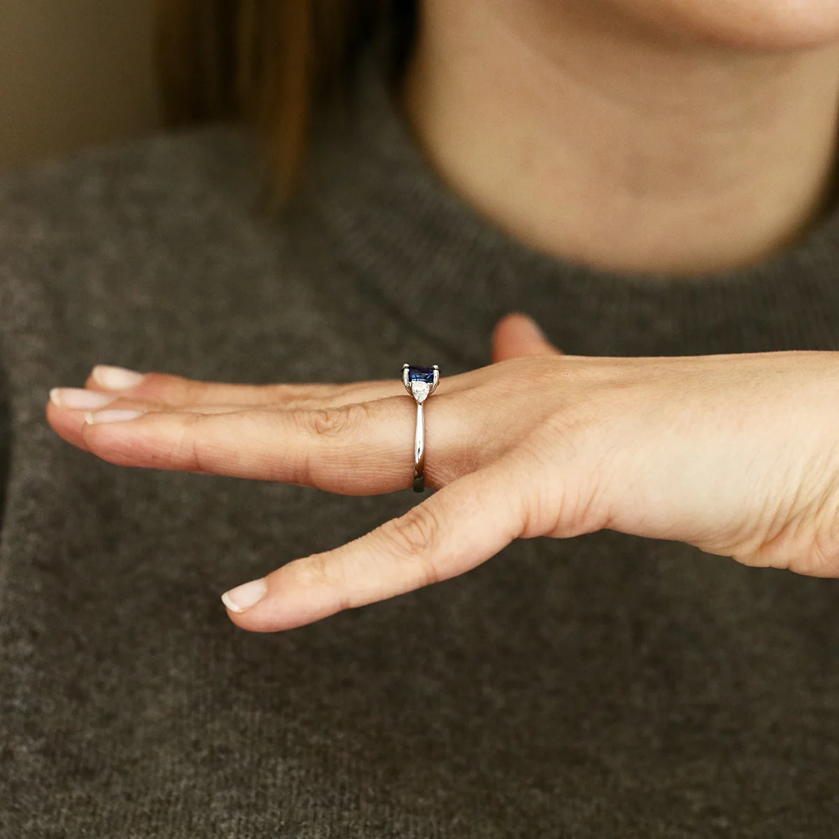 Heirloom Collection 2.11ct Oval Sapphire and 0.50ct Pear Cut Diamond Three Stone Ring | Platinum - Image 7