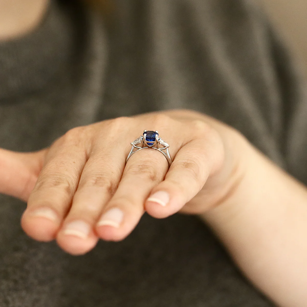 Heirloom Collection 2.11ct Oval Sapphire and 0.50ct Pear Cut Diamond Three Stone Ring | Platinum - Image 8