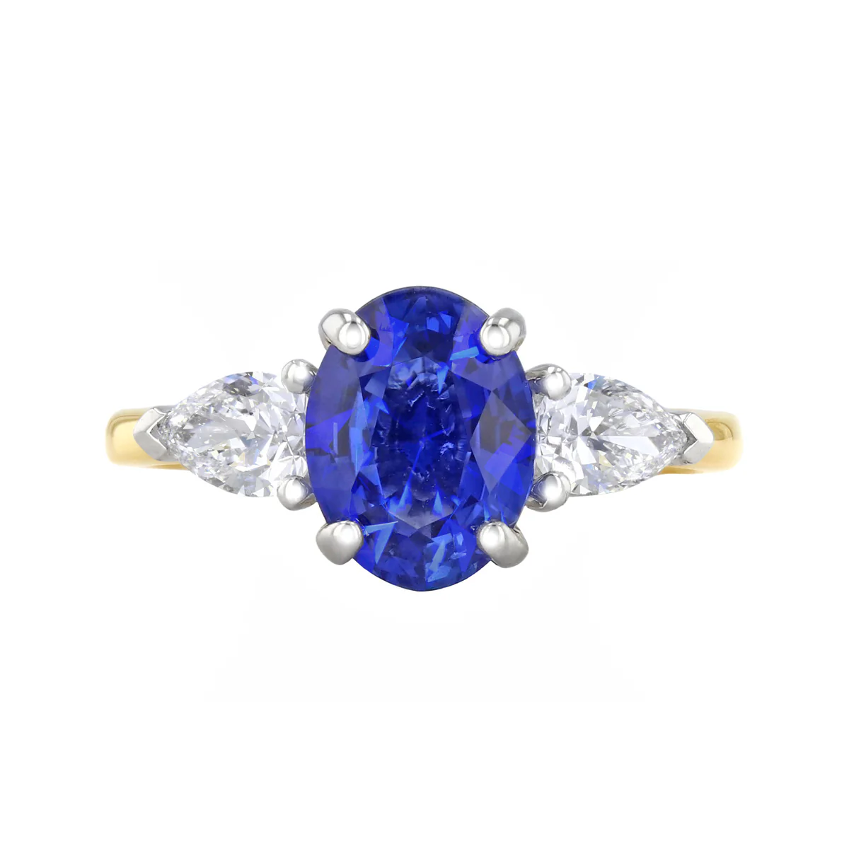 Heirloom Collection 2.13ct Oval Ceylon Sapphire and 0.64ct Pear Cut Diamonds Three Stone Ring | 18K Yellow Gold - Image 2