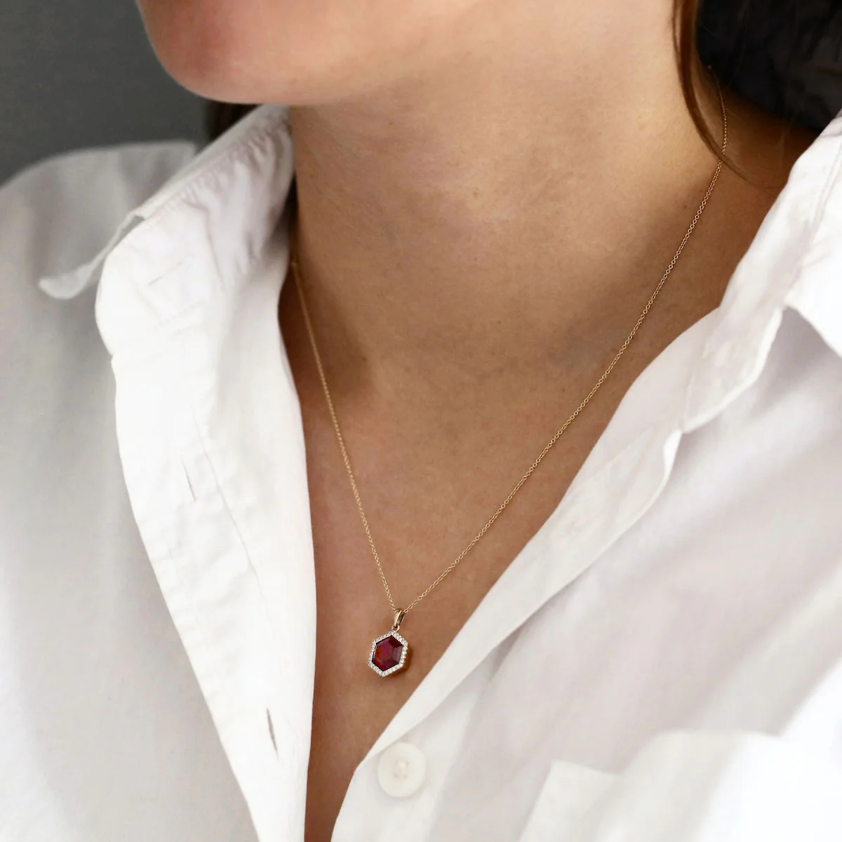 Birthstone Collection 2.71ct Garnet Hexagonal with Diamond Halo Necklace | 9K Yellow Gold - Image 5