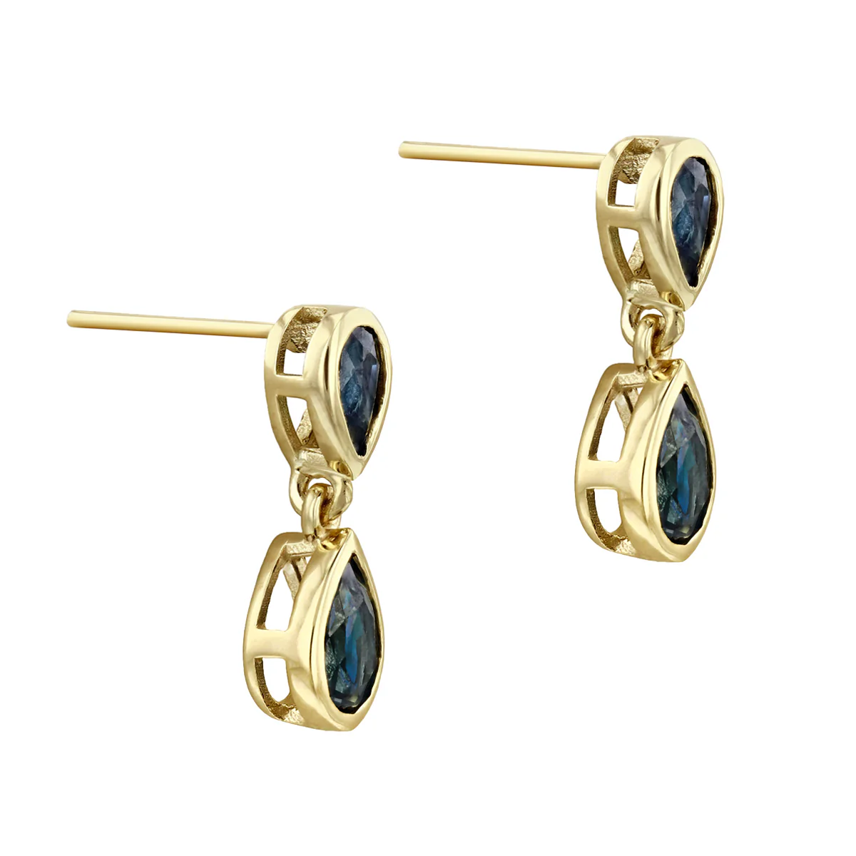 Birthstone Collection Double Drop Pear Cut Sapphire Drop Earrings | 9K Yellow Gold - Image 3