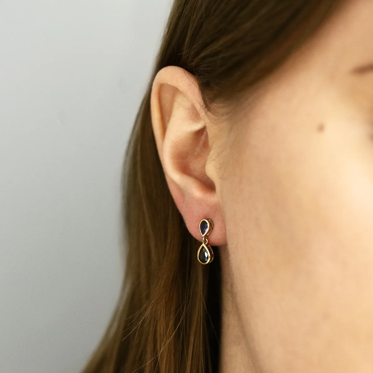 Birthstone Collection Double Drop Pear Cut Sapphire Drop Earrings | 9K Yellow Gold - Image 5