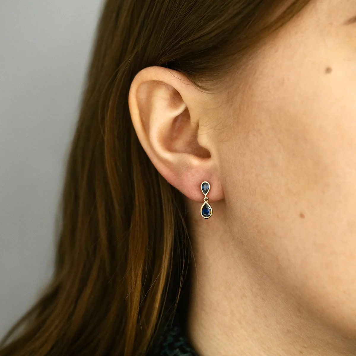 Birthstone Collection Double Drop Pear Cut Sapphire Drop Earrings | 9K Yellow Gold - Image 6