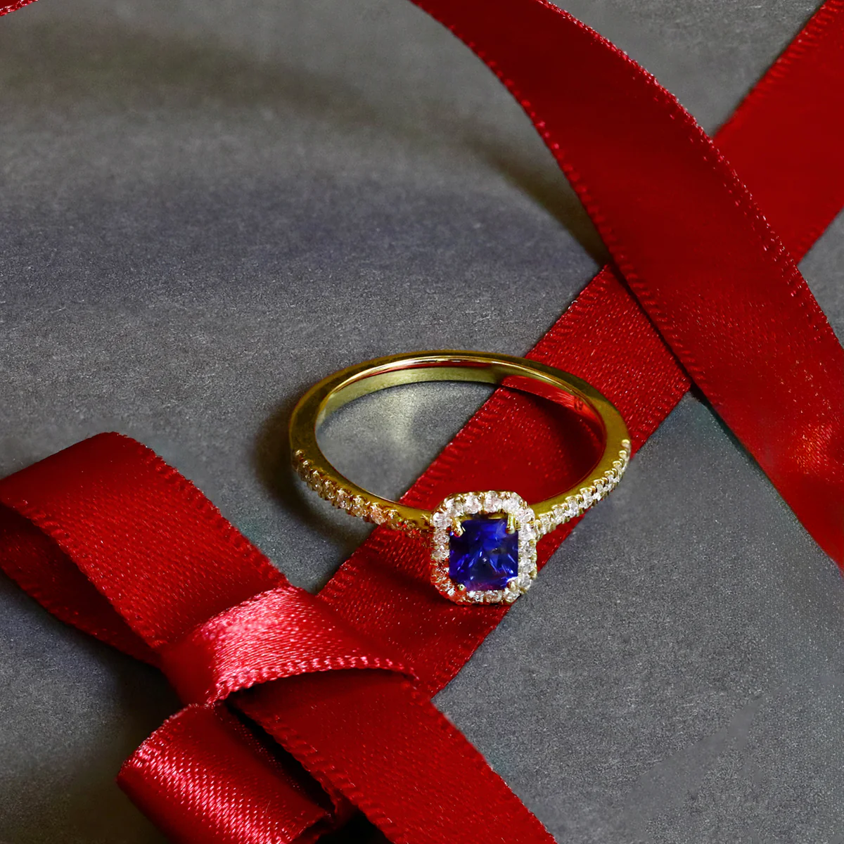 Bijou Collection Emerald Cut Blue Sapphire  & Diamond Halo Ring  | 18K Yellow Gold - Image 6