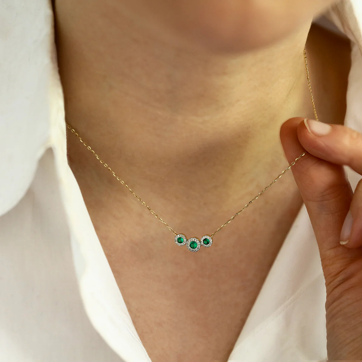 Bijou Collection Lab Grown Emerald and Diamond Triple Halo Necklace | 9K Yellow Gold - Image 5