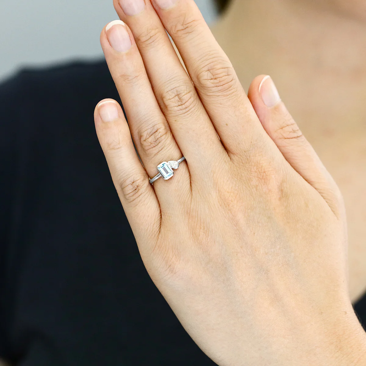 Birthstone Collection 0.48ct Aquamarine and 0.09ct Diamond Toi et Moi Bezel Set Ring | 9K White Gold - Image 6