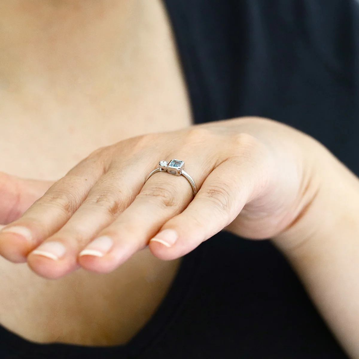 Birthstone Collection 0.48ct Aquamarine and 0.09ct Diamond Toi et Moi Bezel Set Ring | 9K White Gold - Image 8