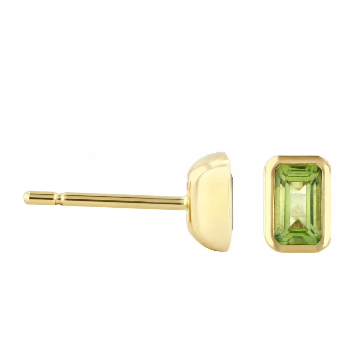 Birthstone Collection 0.56ct Emerald Cut Peridot  Bezel Set Earrings | 9K Yellow Gold - Image 4