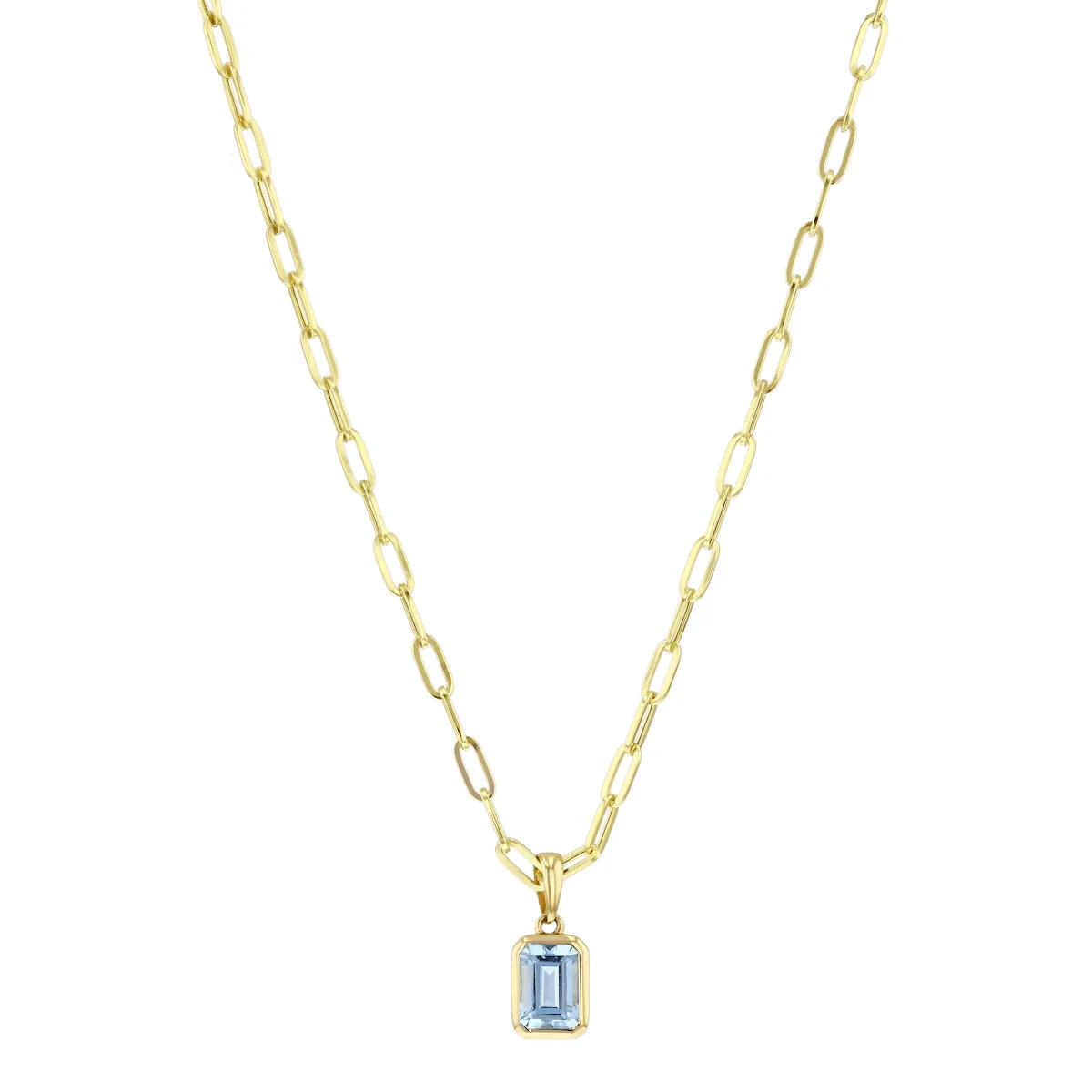 Birthstone Collection 0.80ct Emerald Cut Aquamarine Bezel Set Paperclip Chain Pendant | 9K Yellow Gold - Image 2