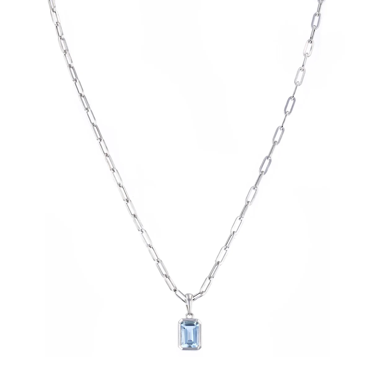 Birthstone Collection 0.76ct Emerald Cut Aquamarine Bezel Set Paperclip Chain Pendant | 9K White Gold - Image 2
