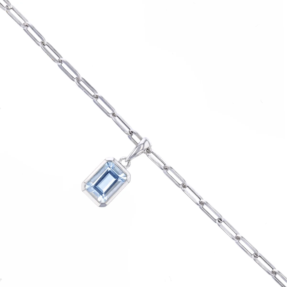 Birthstone Collection 0.76ct Emerald Cut Aquamarine Bezel Set Paperclip Chain Pendant | 9K White Gold - Image 3