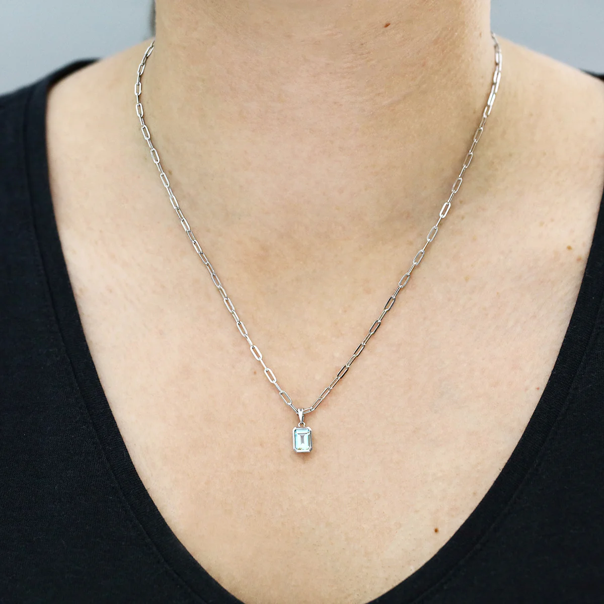 Birthstone Collection 0.76ct Emerald Cut Aquamarine Bezel Set Paperclip Chain Pendant | 9K White Gold - Image 4