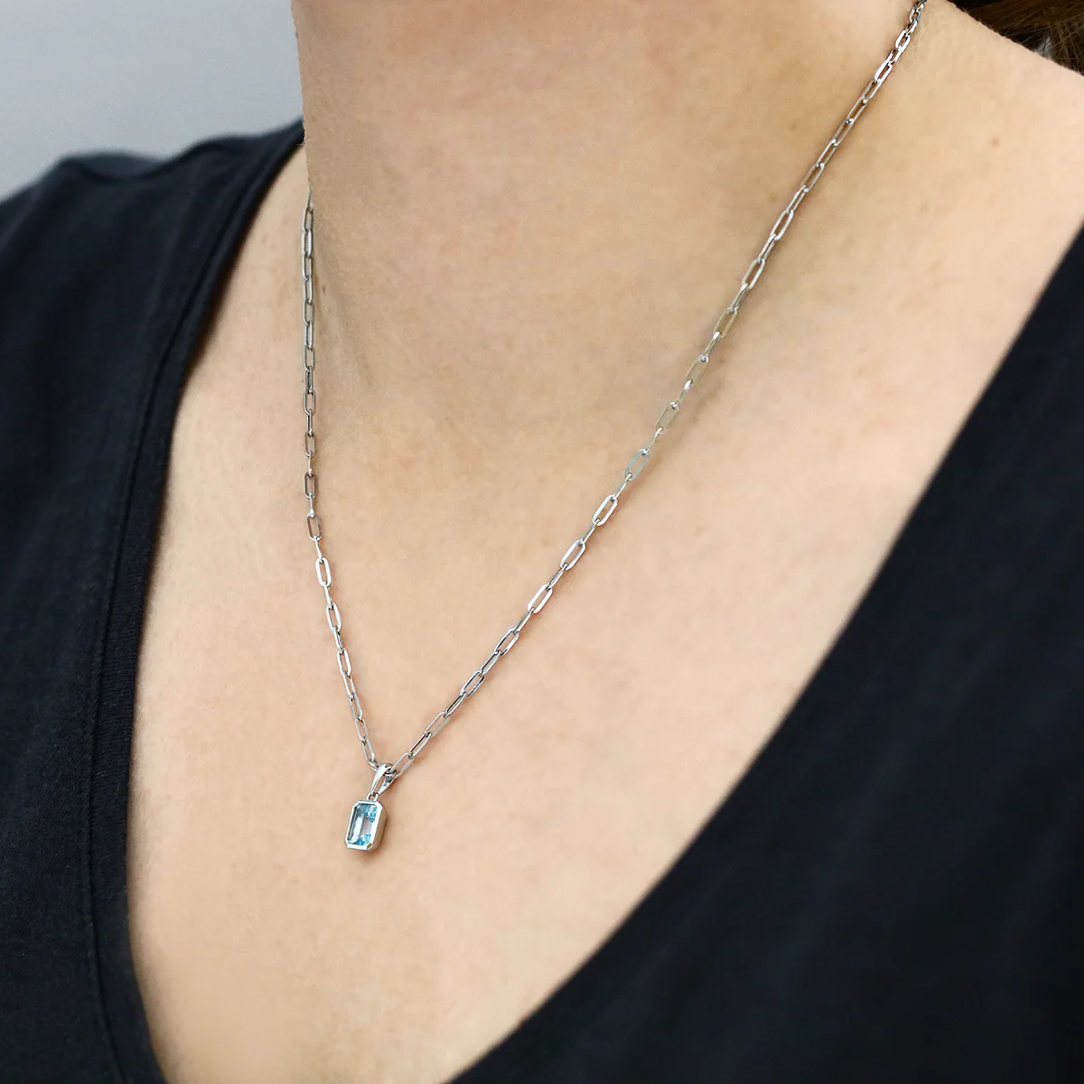Birthstone Collection 0.76ct Emerald Cut Aquamarine Bezel Set Paperclip Chain Pendant | 9K White Gold - Image 5