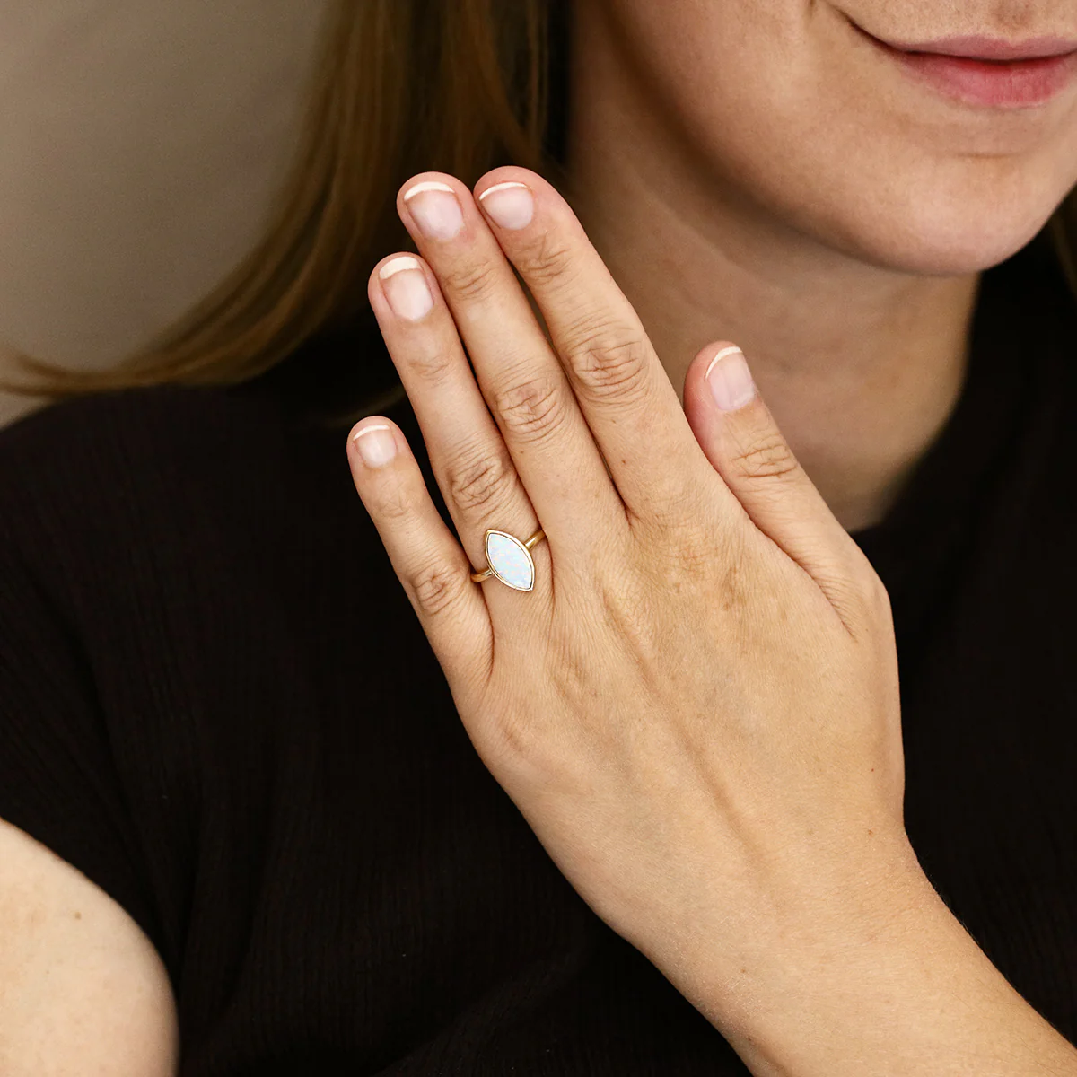Birthstone Collection Marquise Opal Bezel Set Dress Ring | 9K Yellow Gold - Image 6