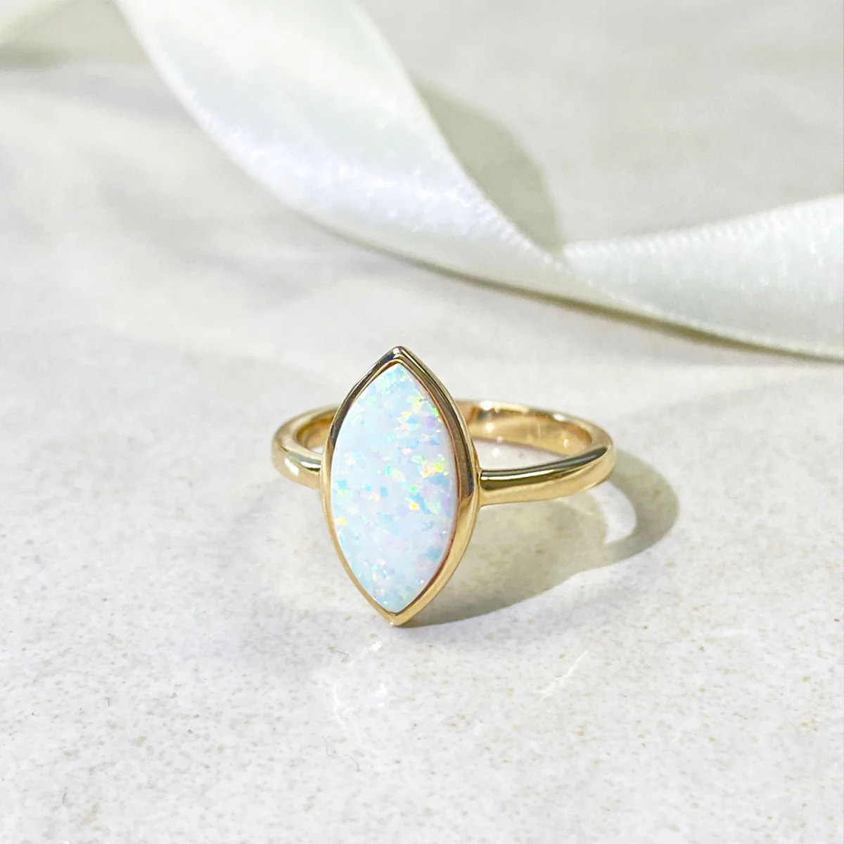 Birthstone Collection Marquise Opal Bezel Set Dress Ring | 9K Yellow Gold - Image 9