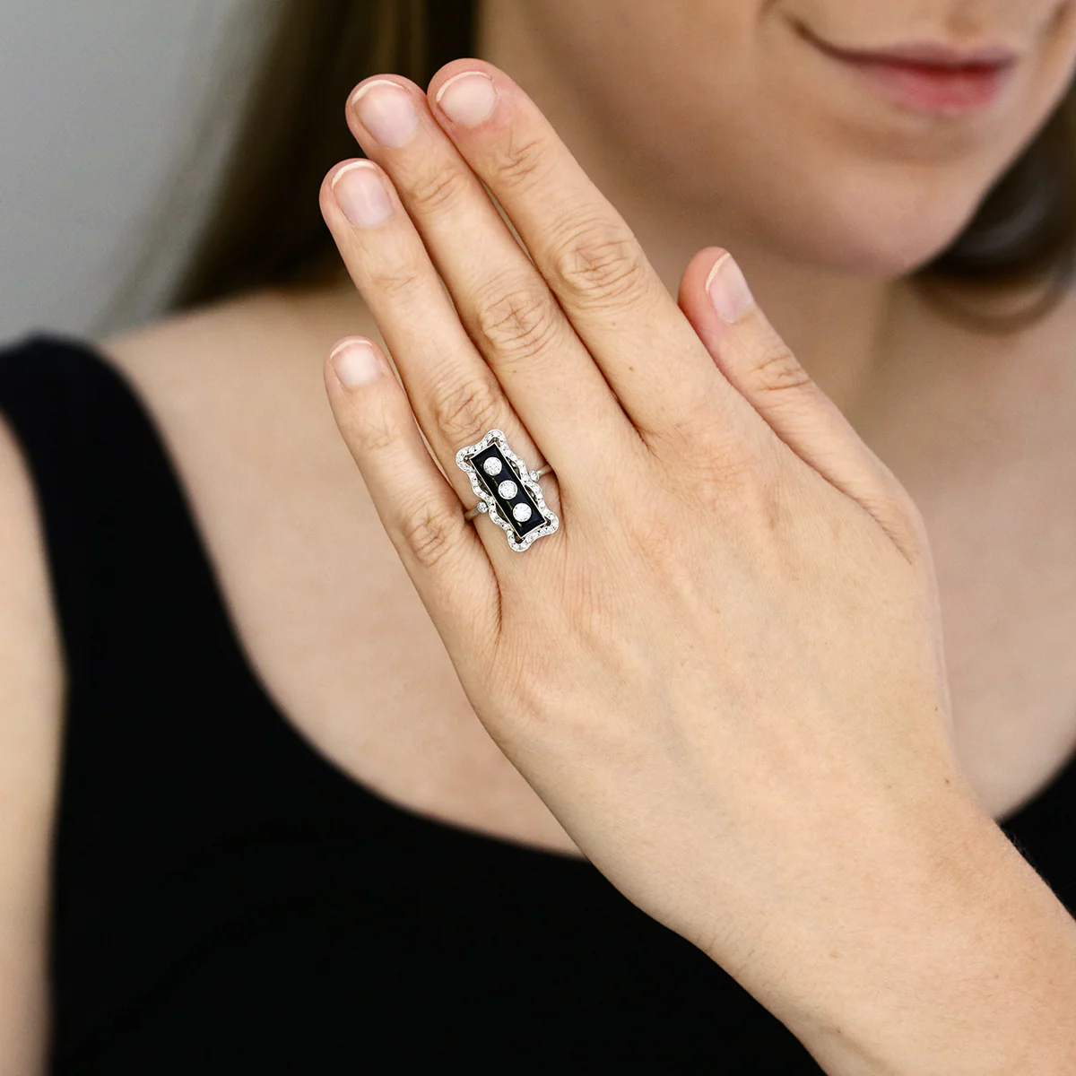 Early 20th Century Black Onyx and 0.78ct Old Cut Diamond Dress Ring | Pre-Loved | Platinum - Image 6