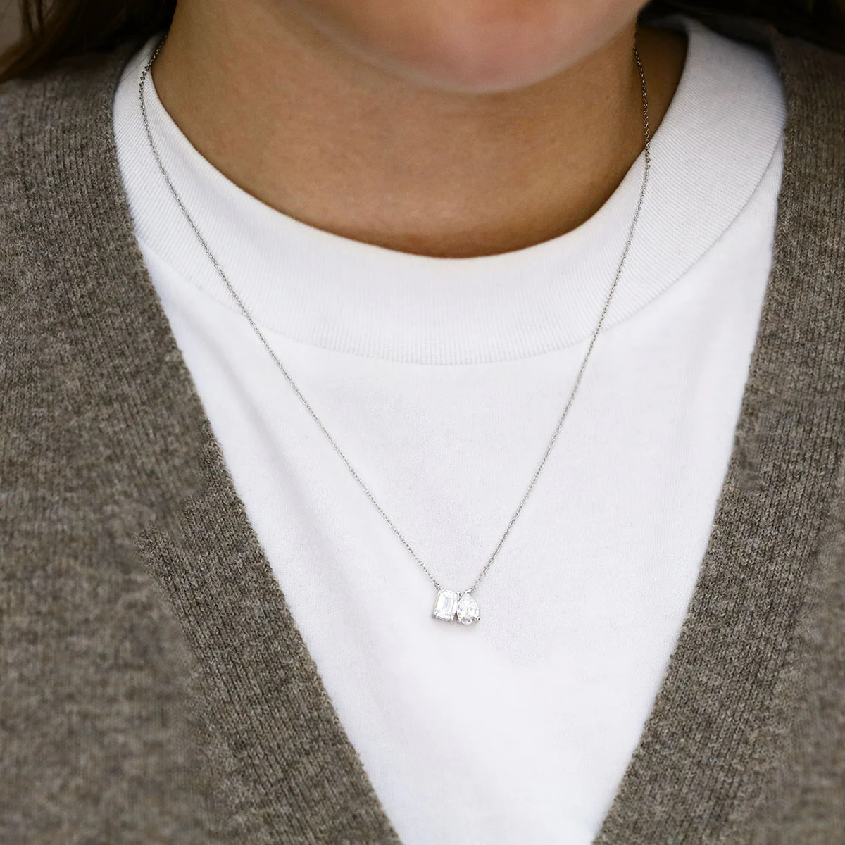 Everyday Diamonds 1.41ct Toi Et Moi Emerald and Pear Cut Lab-Grown Diamond Necklace | 9K White Gold - Image 4