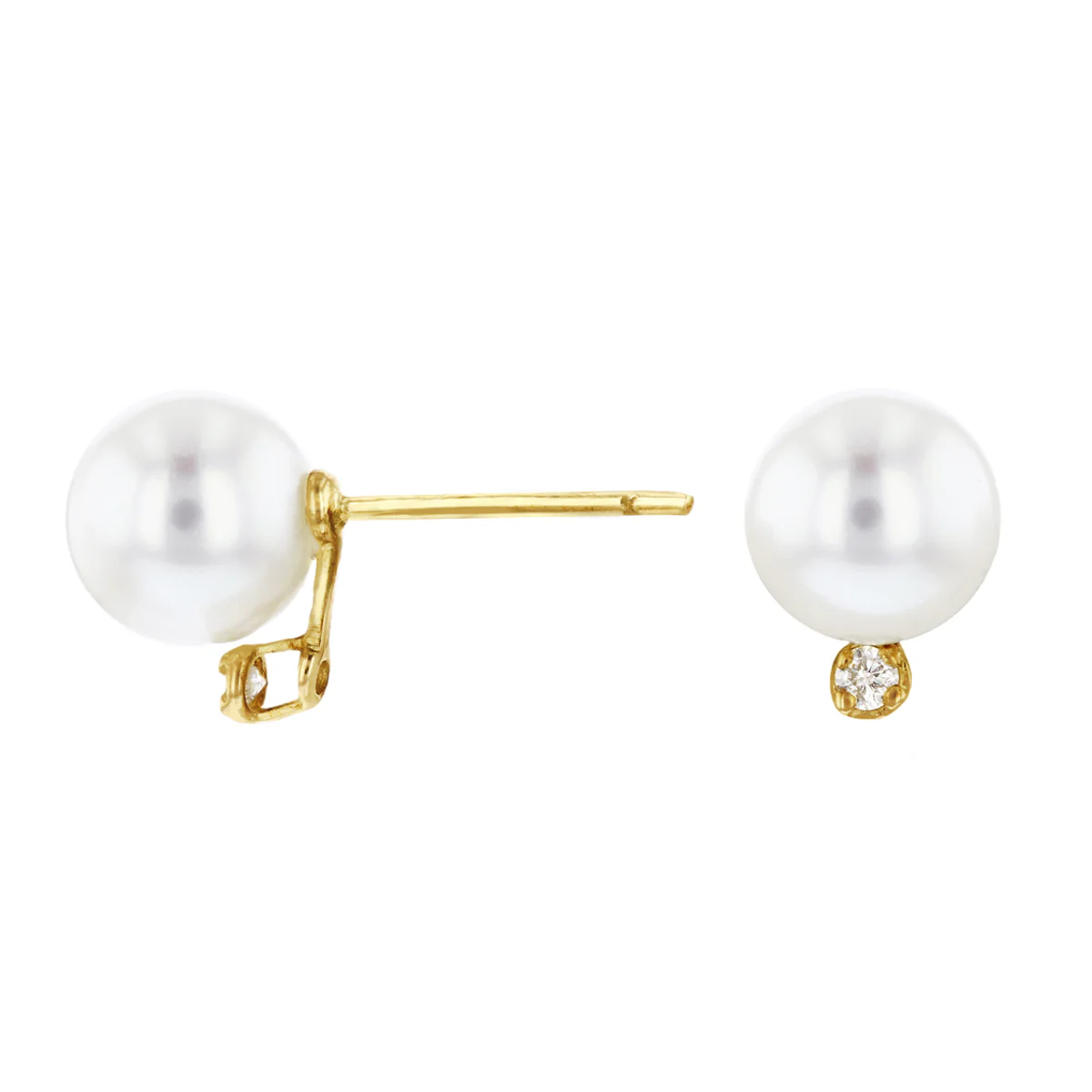 Freshwater Pearl & Diamond Stud Earrings 7mm | 9K Yellow Gold - Image 4