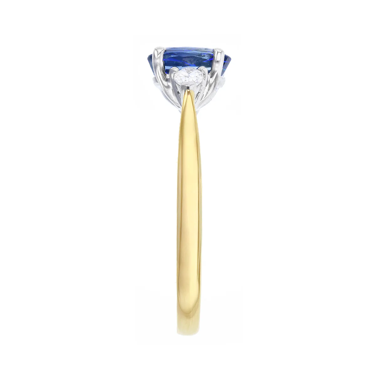 Heirloom Collection 1.29ct Cushion Cut Blue Sapphire & Pear Cut Diamond Three Stone Ring | 18K Yellow Gold with Platinum Setting - Image 4