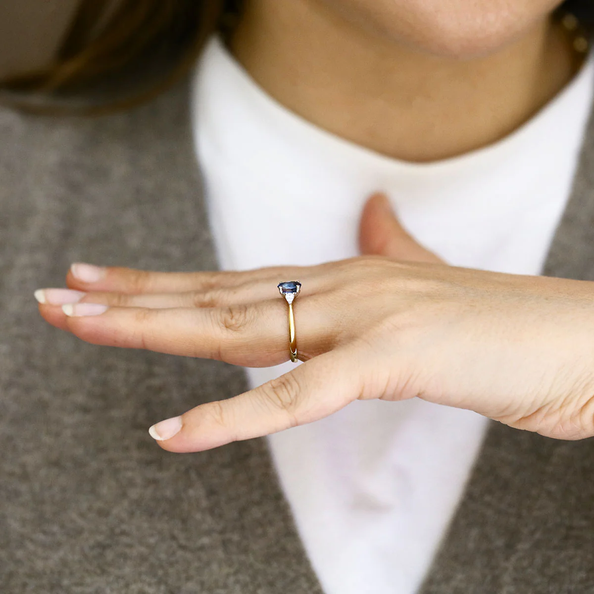 Heirloom Collection 1.29ct Cushion Cut Blue Sapphire & Pear Cut Diamond Three Stone Ring | 18K Yellow Gold with Platinum Setting - Image 7